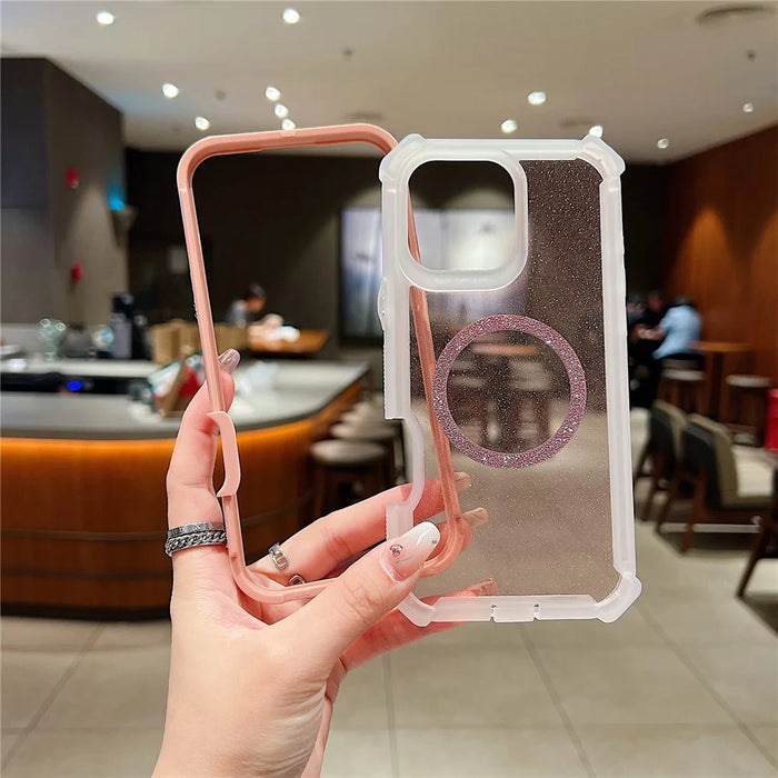 For iPhone 16 Pro Max Case Glitter Shockproof Clear Acrylic TPU Phone Cover Built-in Non-Magnetic Iron Ring - Transparent Gold - 2