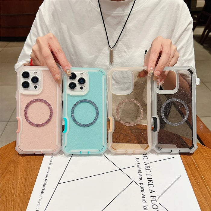 For iPhone 16 Pro Max Case Glitter Shockproof Clear Acrylic TPU Phone Cover Built-in Non-Magnetic Iron Ring - Transparent Gold - 7