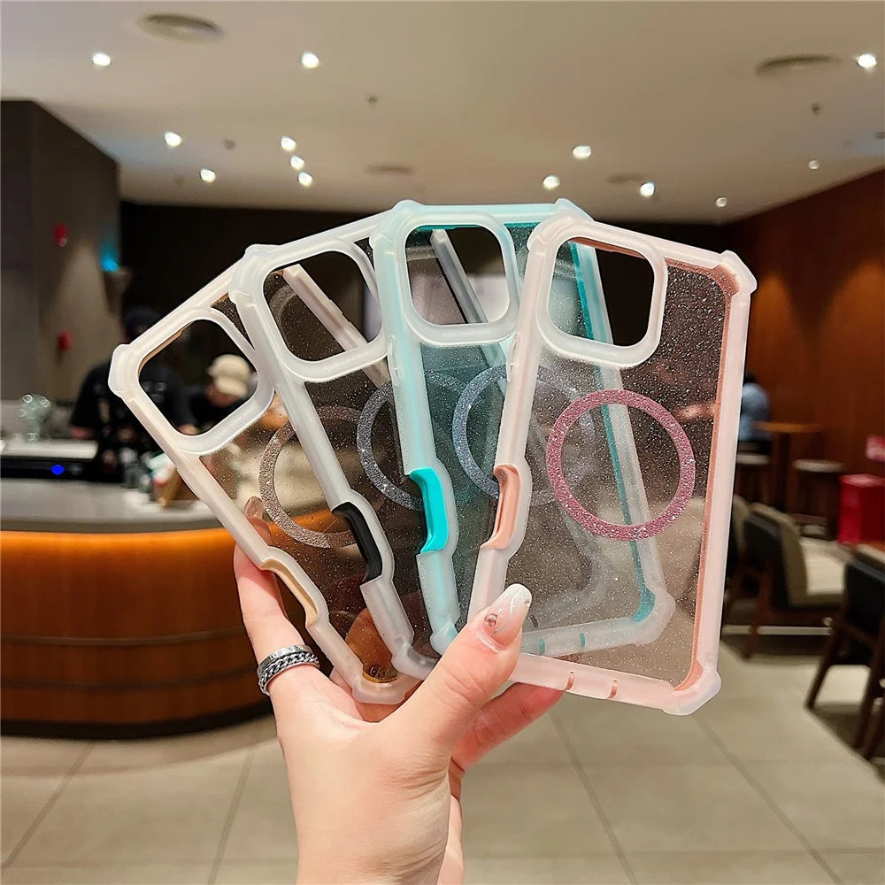 For iPhone 16 Pro Case Glitter Shockproof Clear Acrylic TPU Phone Cover Built-in Non-Magnetic Iron Ring - Transparent Gold - 6