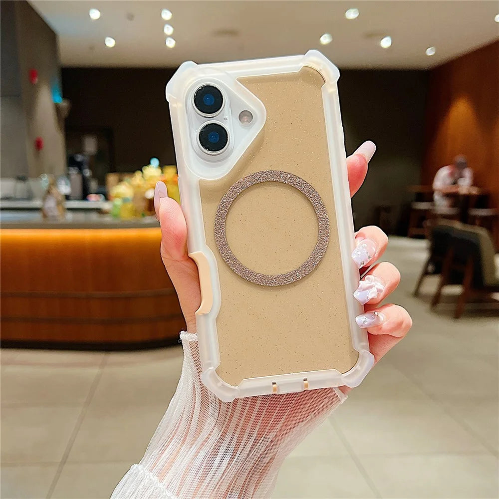 For iPhone 16 Case Glitter Shockproof Clear Acrylic TPU Phone Cover Built-in Non-Magnetic Iron Ring - Transparent Gold - 1