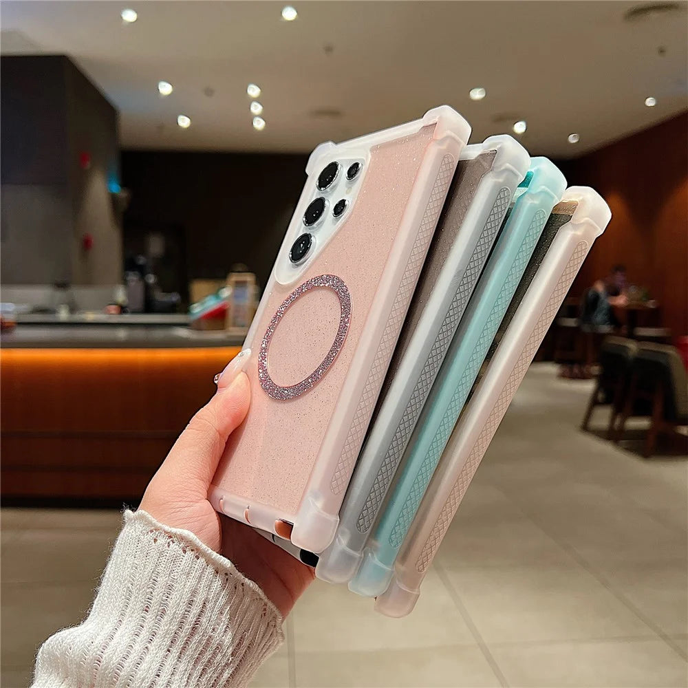 For Samsung Galaxy S25 Ultra Case Glitter Shockproof Clear Acrylic TPU Phone Cover Built-in Non-Magnetic Iron Ring - Transparent Pink - 5