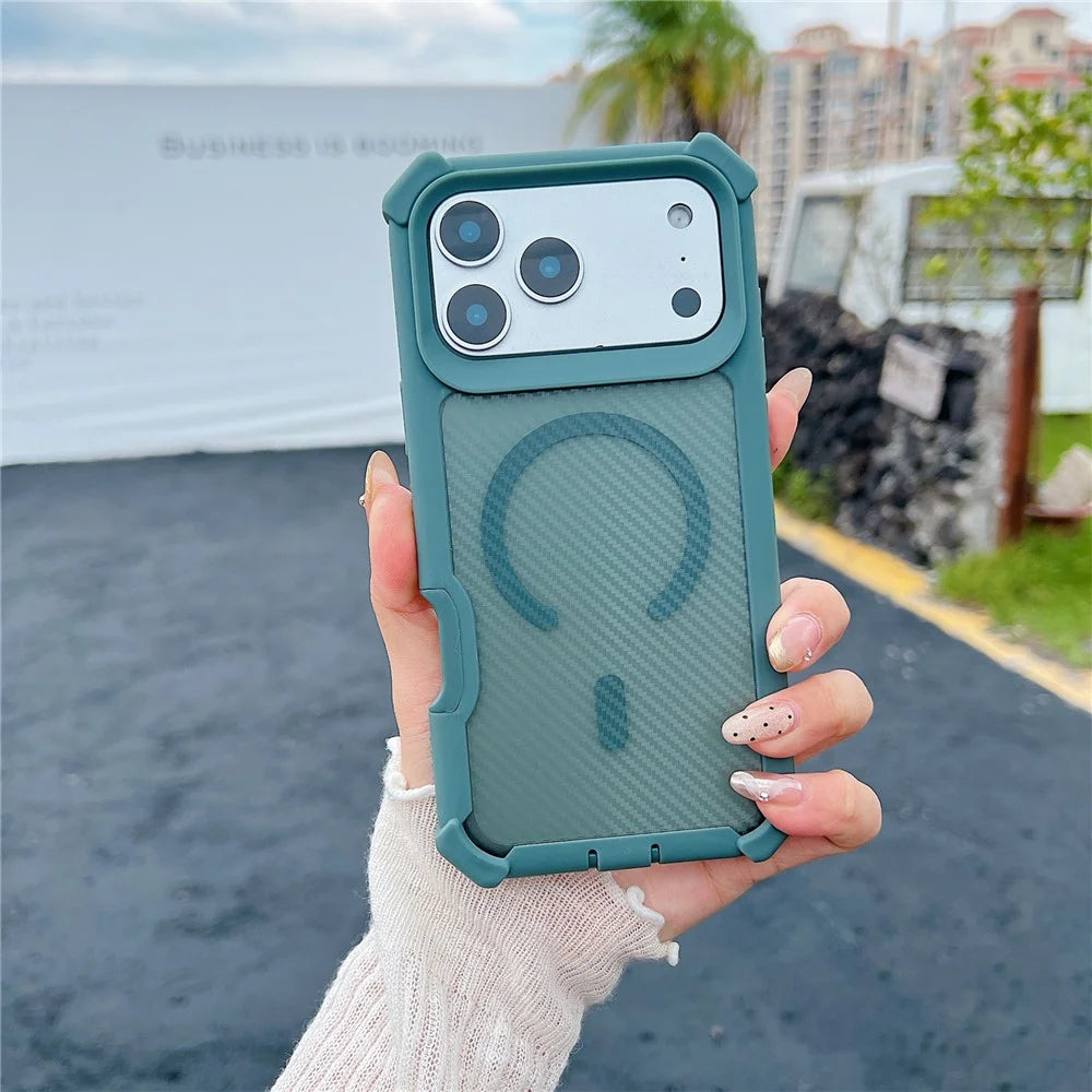 For iPhone 17 Pro Magnetic Case Carbon Fiber Texture Anti Drop TPU PC Phone Cover Compatible with MagSafe - Blackish Green - 1