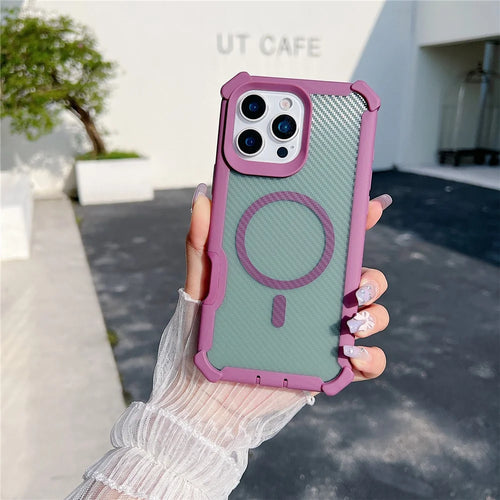 For iPhone 16 Pro Magnetic Case Carbon Fiber Texture Anti Drop TPU PC Phone Cover Compatible with MagSafe - Purple - 1