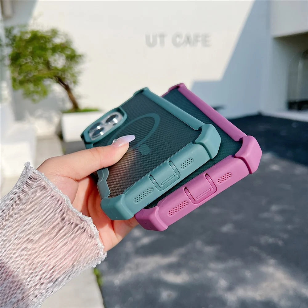For iPhone 16 Pro Max Magnetic Case Carbon Fiber Texture Anti Drop TPU PC Phone Cover Compatible with MagSafe - Purple - 4