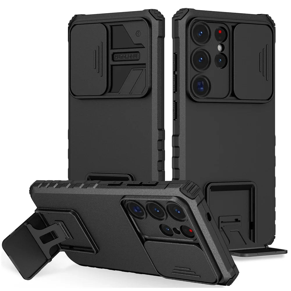 For Samsung Galaxy S26 Ultra Case Camera Slider PC + TPU Phone Cover with Kickstand - Black - 1