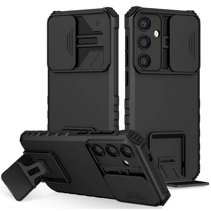 For Samsung Galaxy S26 Case Camera Slider PC + TPU Phone Cover with Kickstand - Black - 1