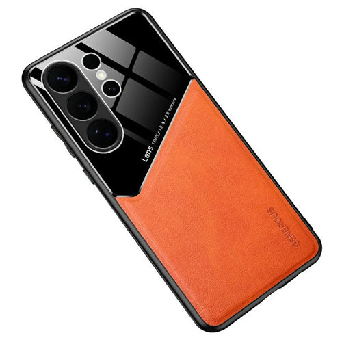 For Samsung Galaxy S26 Ultra Case Precise Cutout Leather Coated PC + TPU Phone Back Cover Built-in Metal Sheet - Orange - 1