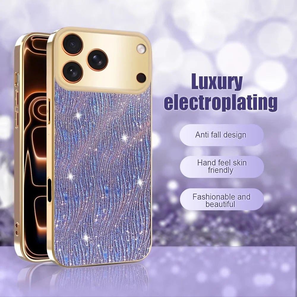 For iPhone 17 Pro Case Electroplating Ripple Texture PU + TPU + PC Phone Back Cover - Blue - 5