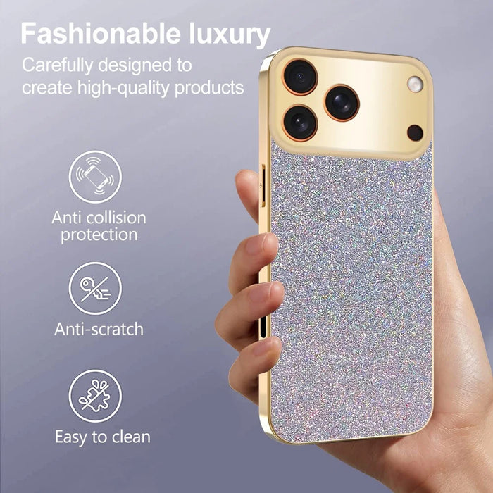 For iPhone 17 Pro Case Electroplating Frame Sparkling Glitter Anti Drop PC + TPU Phone Cover - Gold - 5