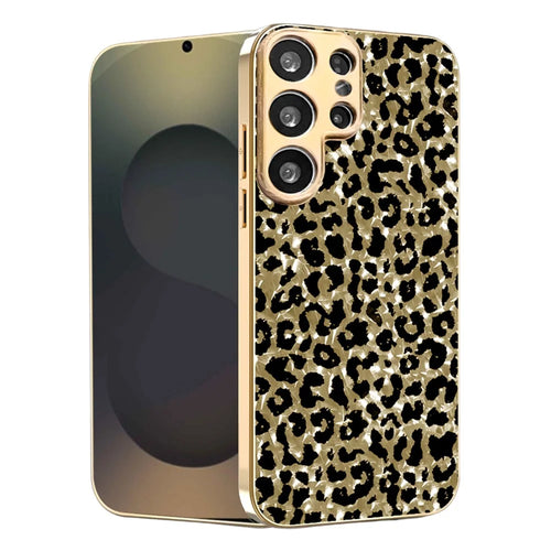 For Samsung Galaxy S26 Ultra Case Electroplating Frame Leopard Pattern PC + TPU Hybrid Phone Cover - Gold - 1