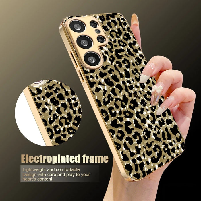 For Samsung Galaxy S26 Ultra Case Electroplating Frame Leopard Pattern PC + TPU Hybrid Phone Cover - Gold - 3