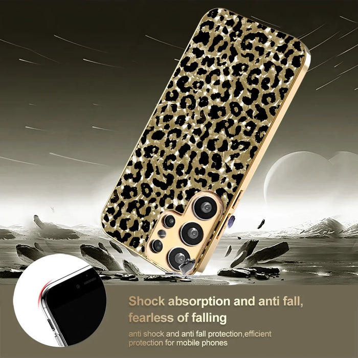 For Samsung Galaxy S26 Ultra Case Electroplating Frame Leopard Pattern PC + TPU Hybrid Phone Cover - Gold - 6