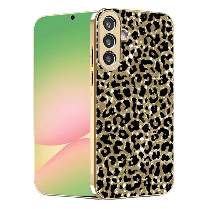For Samsung Galaxy S26+ Case Electroplating Frame Leopard Pattern PC + TPU Hybrid Phone Cover - Gold - 1