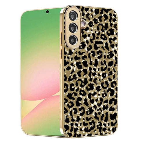 For Samsung Galaxy A37 5G Case Electroplating Frame Leopard Pattern PC + TPU Hybrid Phone Cover - Gold - 1