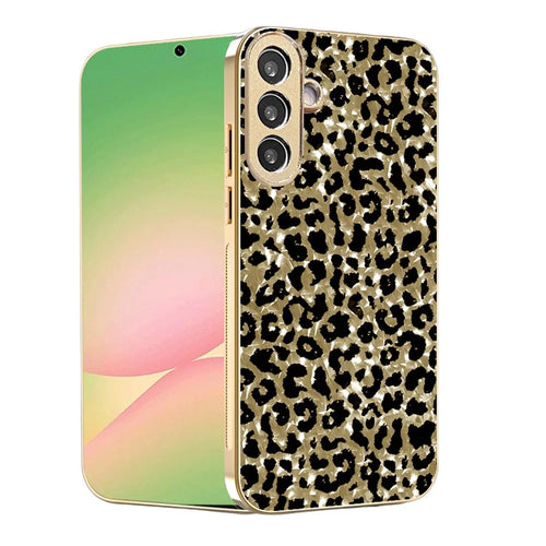 For Samsung Galaxy A57 5G Case Electroplating Frame Leopard Pattern PC + TPU Hybrid Phone Cover - Gold - 1