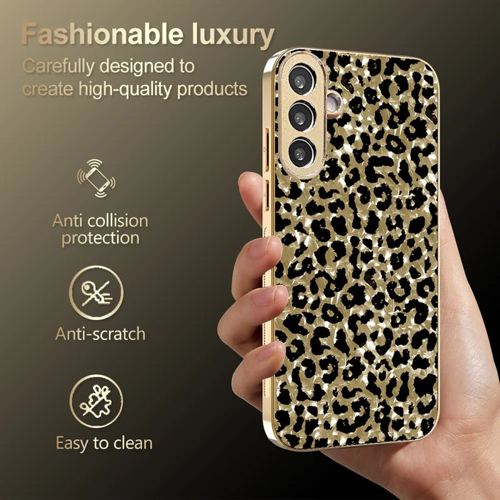 For Samsung Galaxy A56 5G Case Electroplating Frame Leopard Pattern PC + TPU Hybrid Phone Cover - Gold - 4