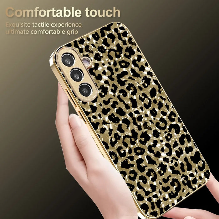 For Samsung Galaxy A56 5G Case Electroplating Frame Leopard Pattern PC + TPU Hybrid Phone Cover - Gold - 5