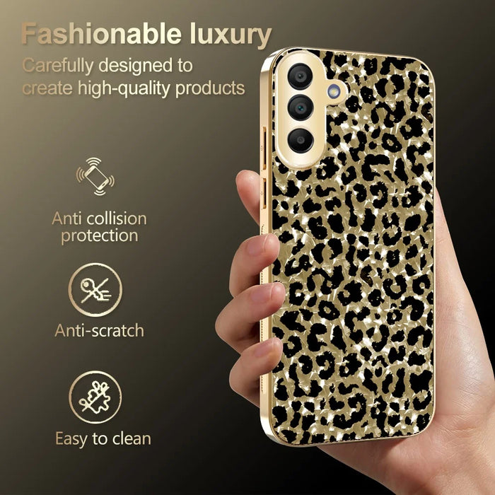 For Samsung Galaxy A17 5G / A17 4G Case Electroplating Frame Leopard Pattern PC + TPU Hybrid Phone Cover - Gold - 4