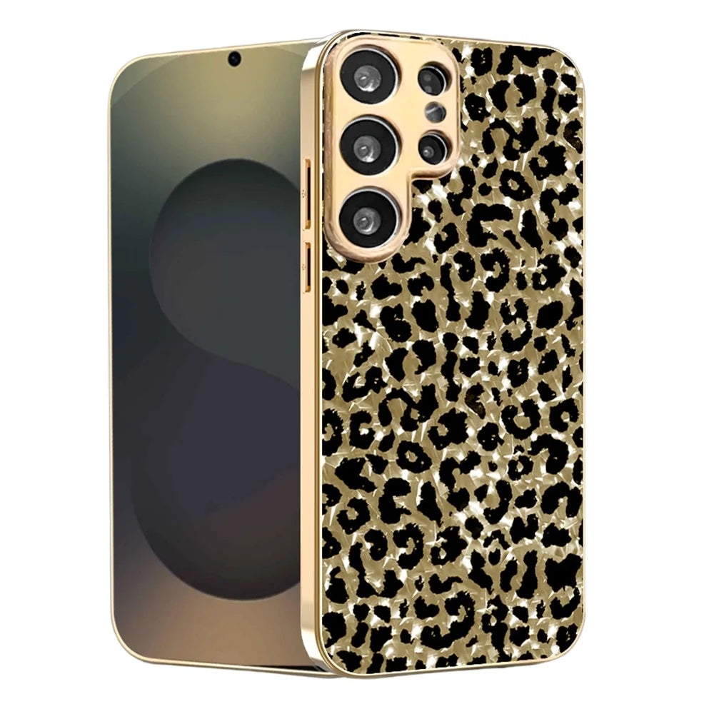 For Samsung Galaxy S25 Ultra Case Electroplating Frame Leopard Pattern PC + TPU Hybrid Phone Cover - Gold - 1