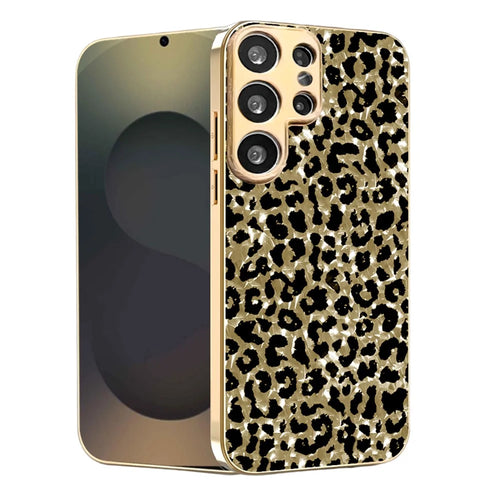 For Samsung Galaxy S25 Ultra Case Electroplating Frame Leopard Pattern PC + TPU Hybrid Phone Cover - Gold - 1
