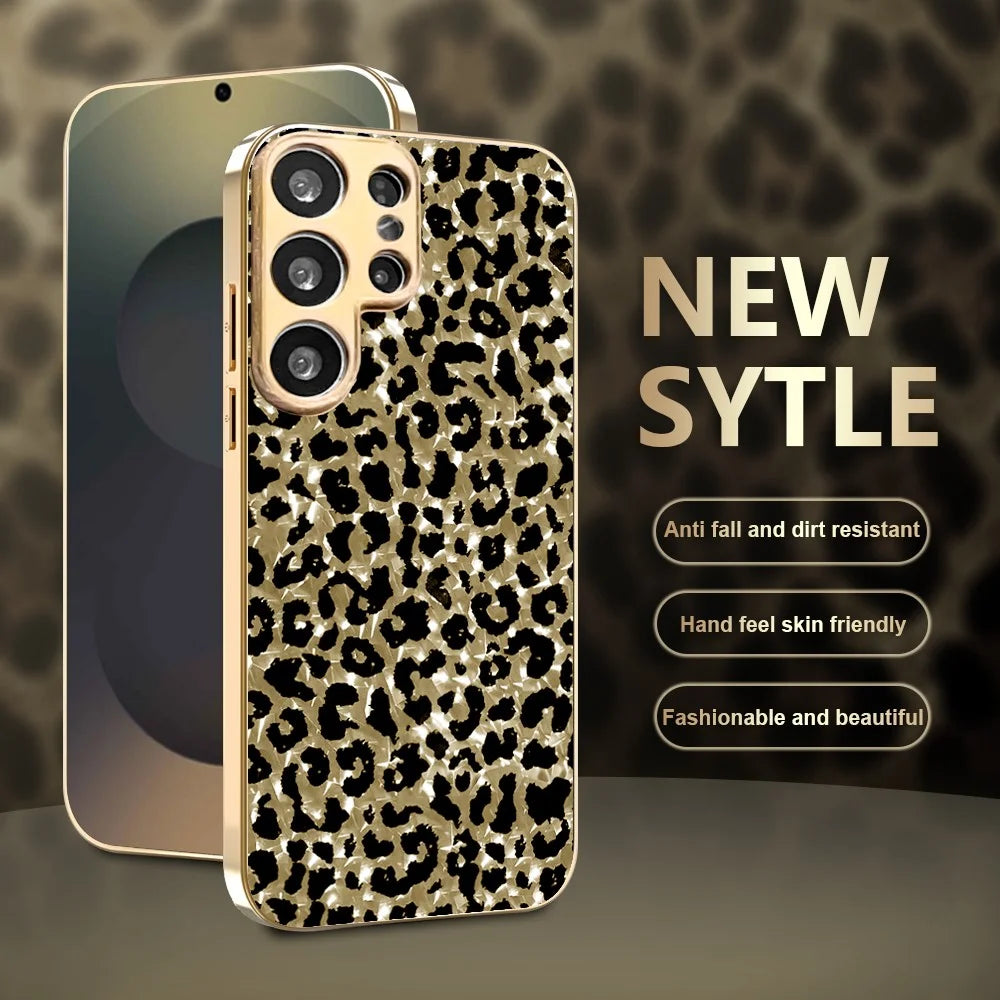 For Samsung Galaxy S25 Ultra Case Electroplating Frame Leopard Pattern PC + TPU Hybrid Phone Cover - Gold - 2