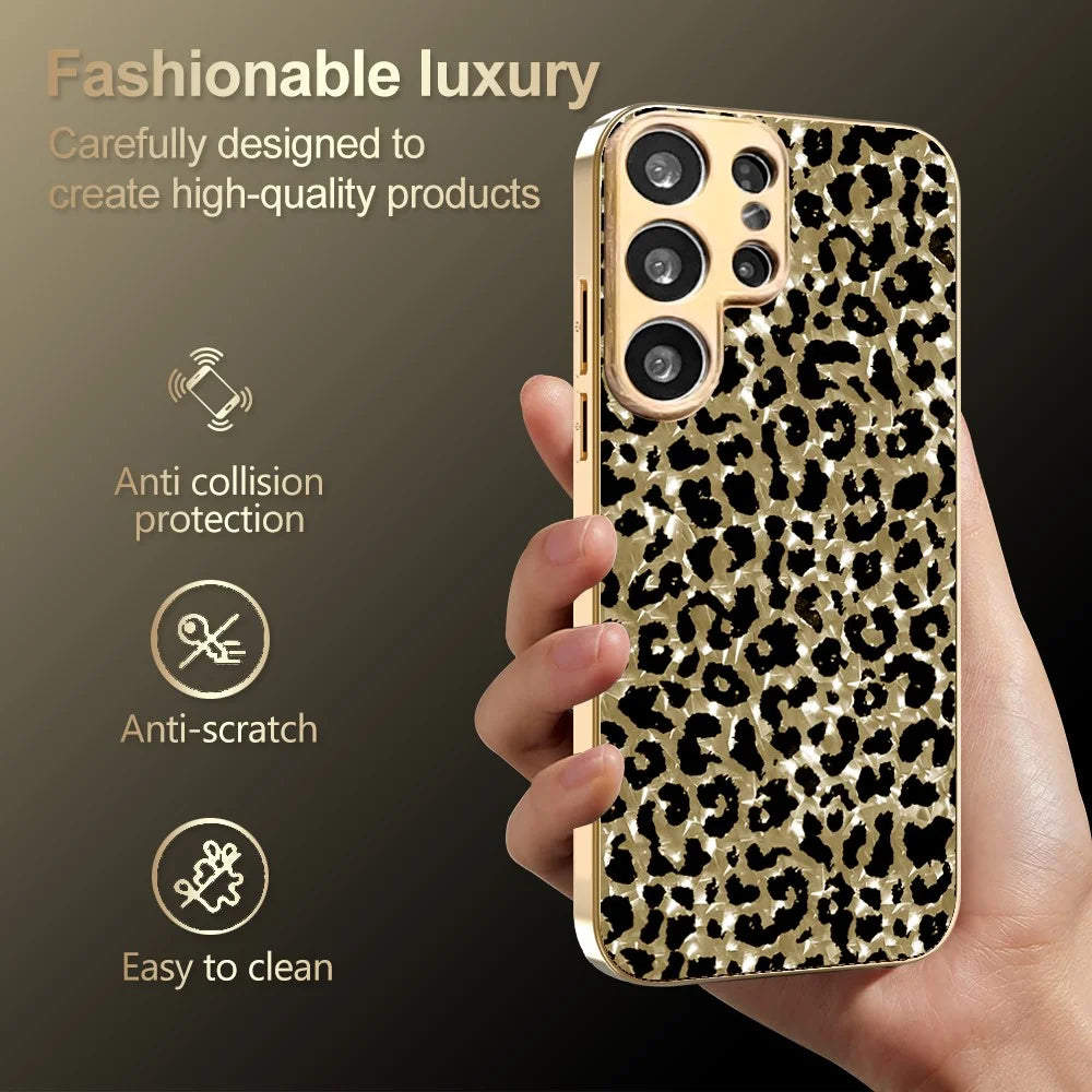 For Samsung Galaxy S25 Ultra Case Electroplating Frame Leopard Pattern PC + TPU Hybrid Phone Cover - Gold - 4