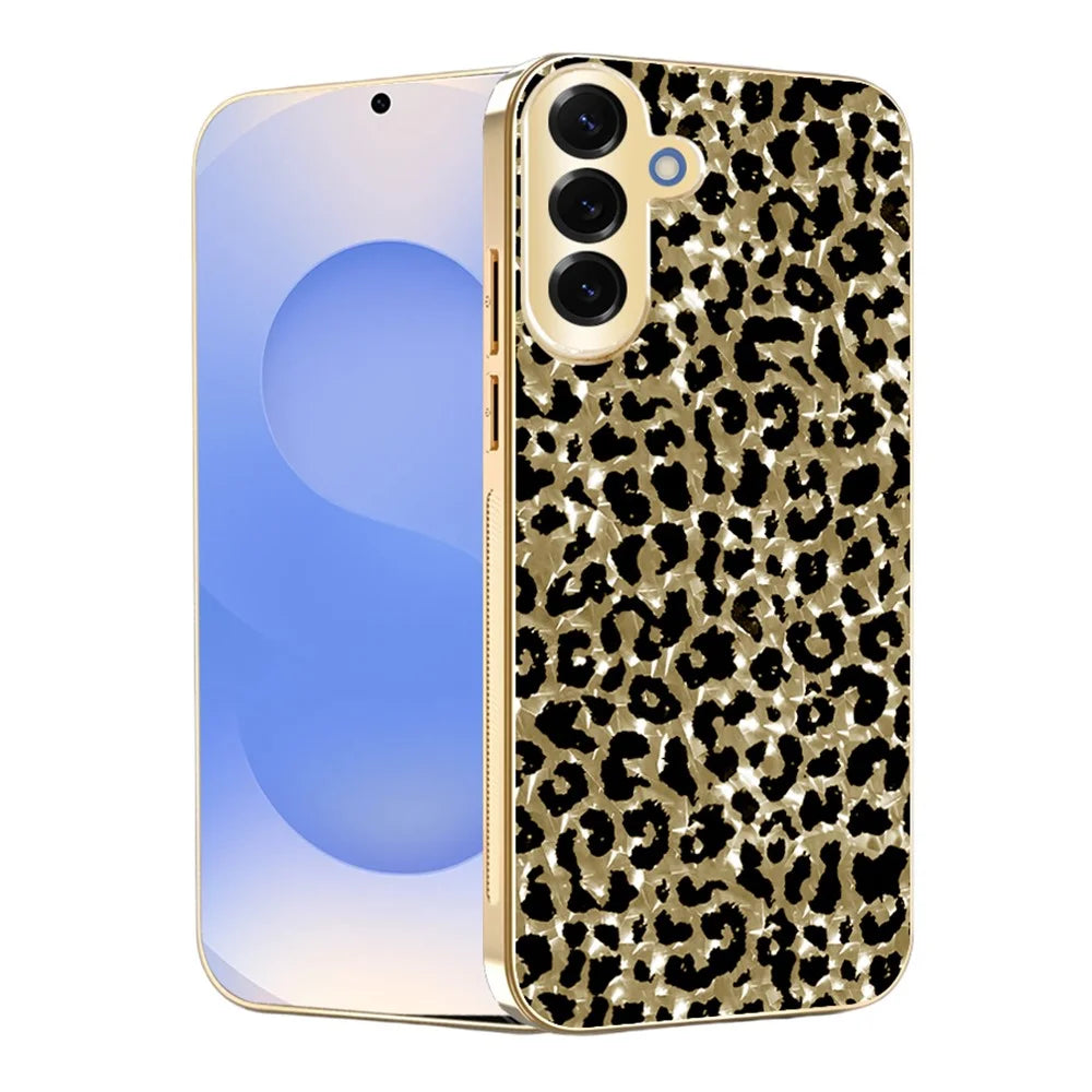 For Samsung Galaxy S25 FE Case Electroplating Frame Leopard Pattern PC + TPU Hybrid Phone Cover - Gold - 1
