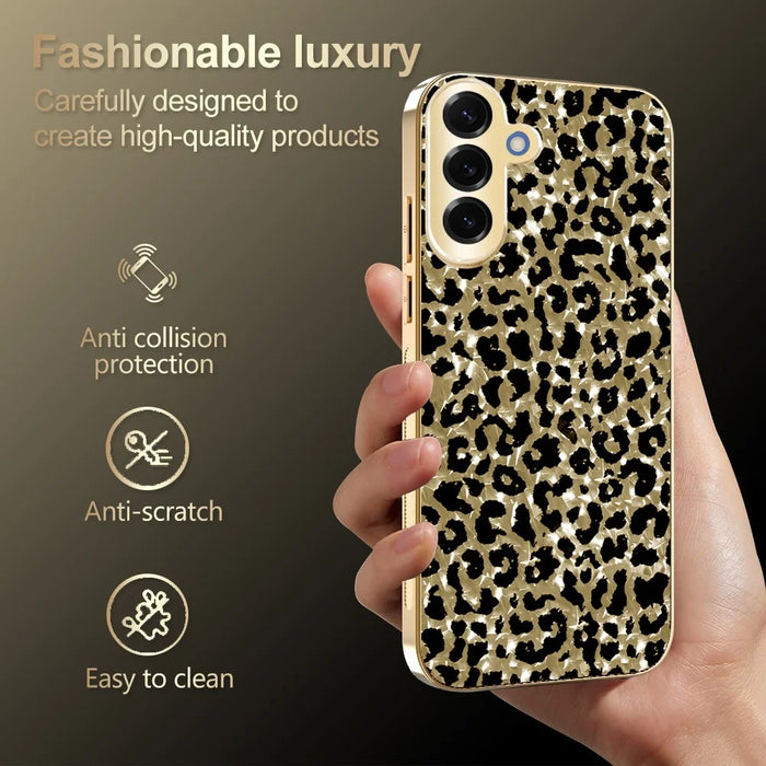 For Samsung Galaxy S25 FE Case Electroplating Frame Leopard Pattern PC + TPU Hybrid Phone Cover - Gold - 4