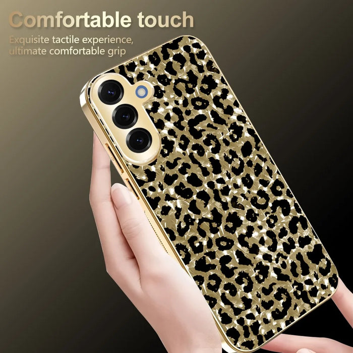 For Samsung Galaxy S25 FE Case Electroplating Frame Leopard Pattern PC + TPU Hybrid Phone Cover - Gold - 5