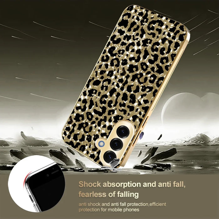 For Samsung Galaxy S25 FE Case Electroplating Frame Leopard Pattern PC + TPU Hybrid Phone Cover - Gold - 6