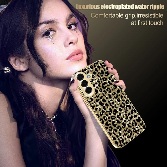 For Samsung Galaxy S25 FE Case Electroplating Frame Leopard Pattern PC + TPU Hybrid Phone Cover - Gold - 7