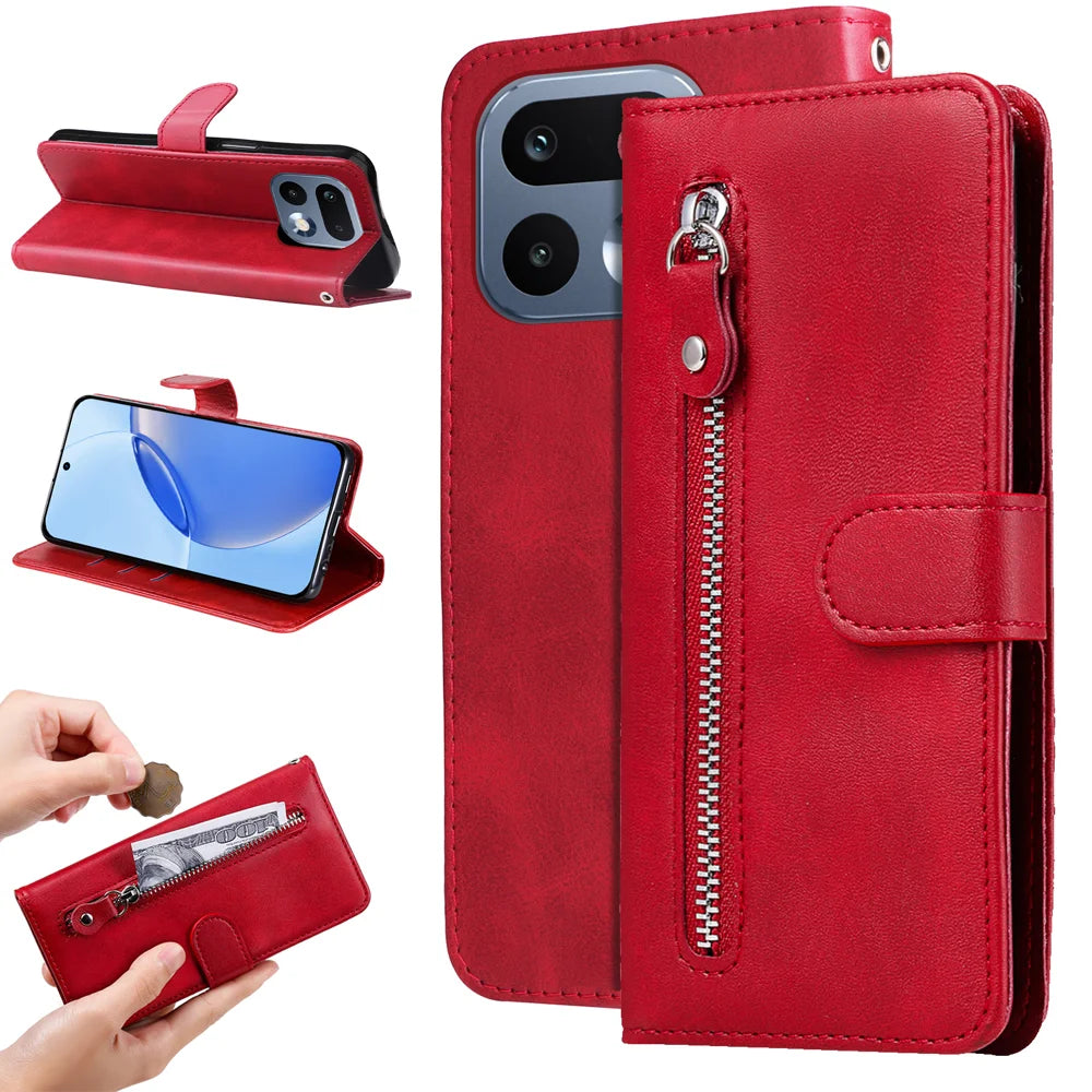 For Realme 16 Pro 5G PU Leather Cases with Zipper Pocket Wallet Phone Cover Stand - Red - 2