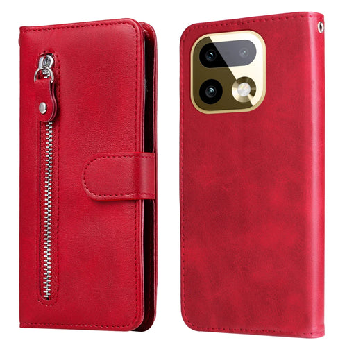 For Realme 16 Pro+ 5G PU Leather Cases with Zipper Pocket Wallet Phone Cover Stand - Red - 1