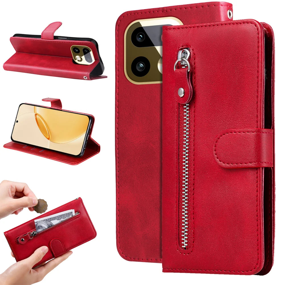 For Realme 16 Pro+ 5G PU Leather Cases with Zipper Pocket Wallet Phone Cover Stand - Red - 2