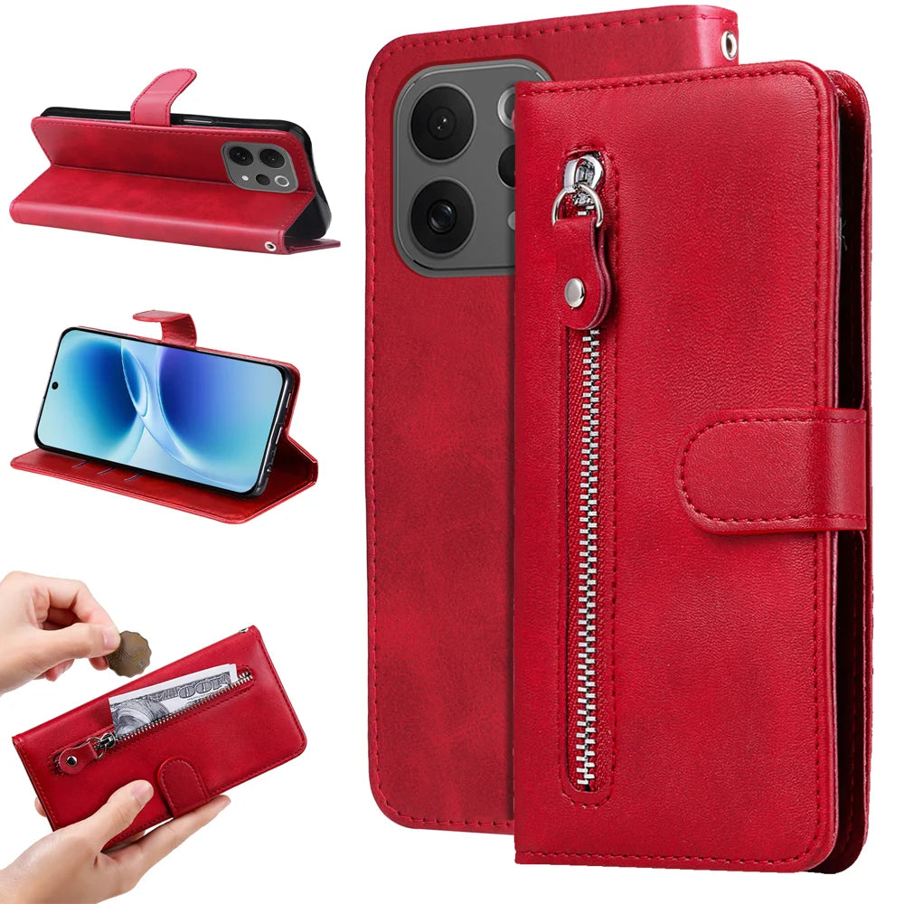 For vivo S50 5G / vivo V70 5G PU Leather Cases with Zipper Pocket Wallet Phone Cover Stand - Red - 2