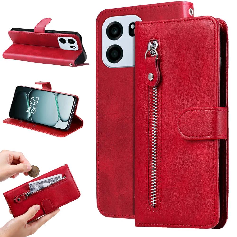 For OnePlus Turbo 6 5G / Turbo 6V 5G PU Leather Cases with Zipper Pocket Wallet Phone Cover Stand - Red - 2
