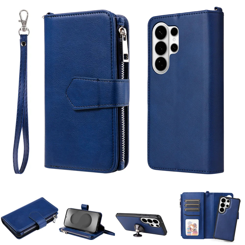 For Samsung Galaxy S26 Ultra Magnetic Leather Case Mobile Cover with Detachable Zipper Wallet Strap - Blue - 1