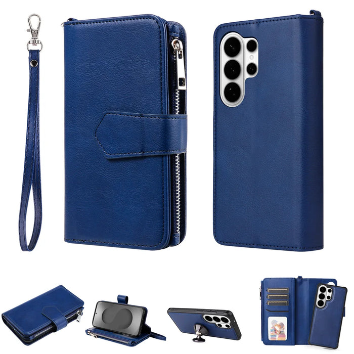 For Samsung Galaxy S26 Ultra Magnetic Leather Case Mobile Cover with Detachable Zipper Wallet Strap - Blue - 1