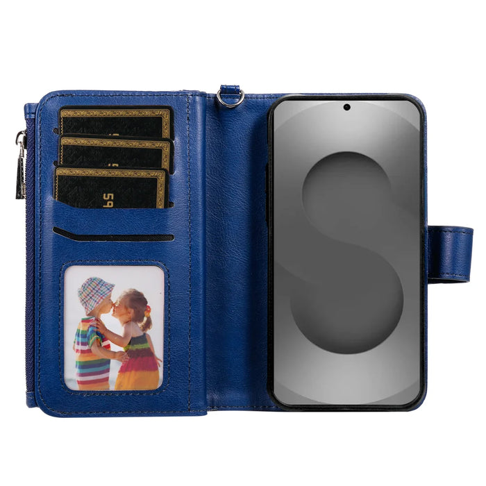 For Samsung Galaxy S26 Ultra Magnetic Leather Case Mobile Cover with Detachable Zipper Wallet Strap - Blue - 5