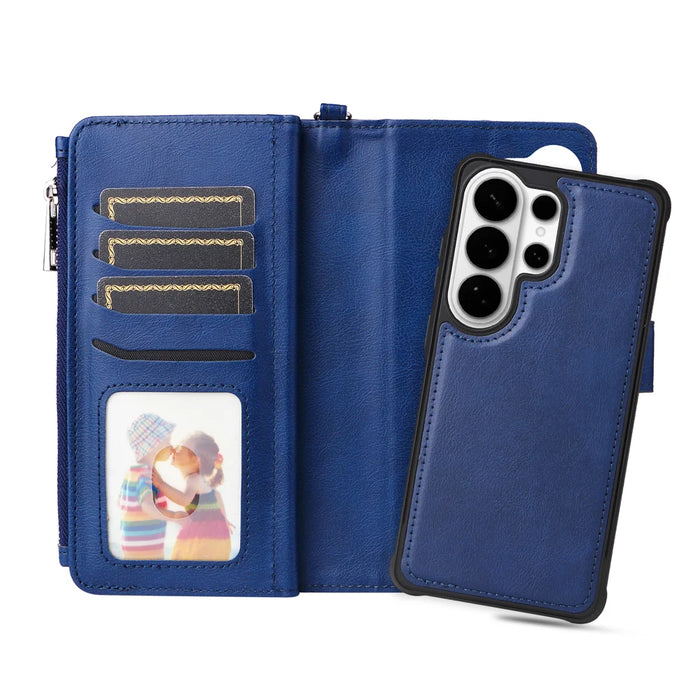 For Samsung Galaxy S26 Ultra Magnetic Leather Case Mobile Cover with Detachable Zipper Wallet Strap - Blue - 7
