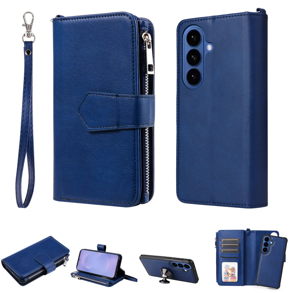 For Samsung Galaxy S26+ Magnetic Leather Case Mobile Cover with Detachable Zipper Wallet Strap - Blue - 1