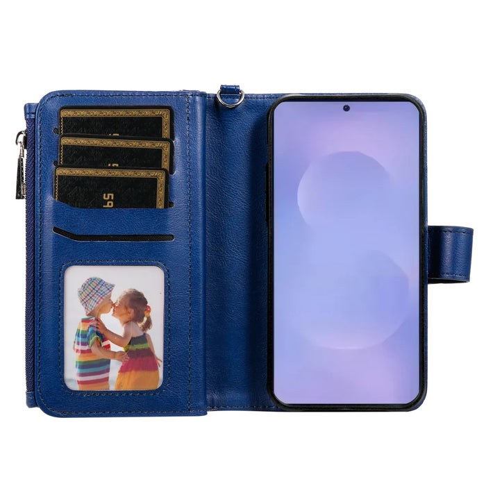 For Samsung Galaxy S26+ Magnetic Leather Case Mobile Cover with Detachable Zipper Wallet Strap - Blue - 5