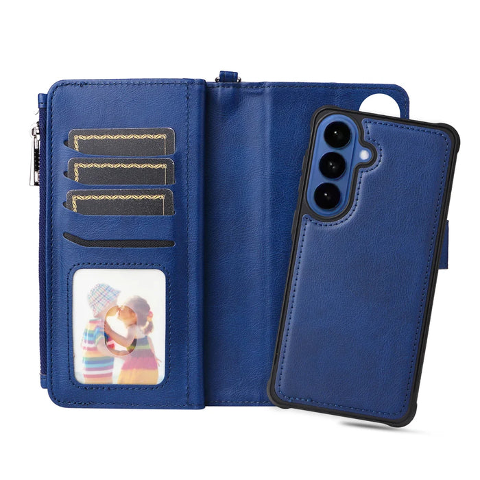 For Samsung Galaxy S26+ Magnetic Leather Case Mobile Cover with Detachable Zipper Wallet Strap - Blue - 7
