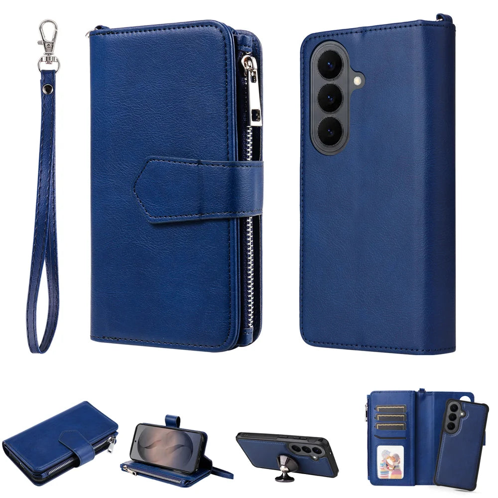 For Samsung Galaxy S26 Magnetic Leather Case Mobile Cover with Detachable Zipper Wallet Strap - Blue - 1