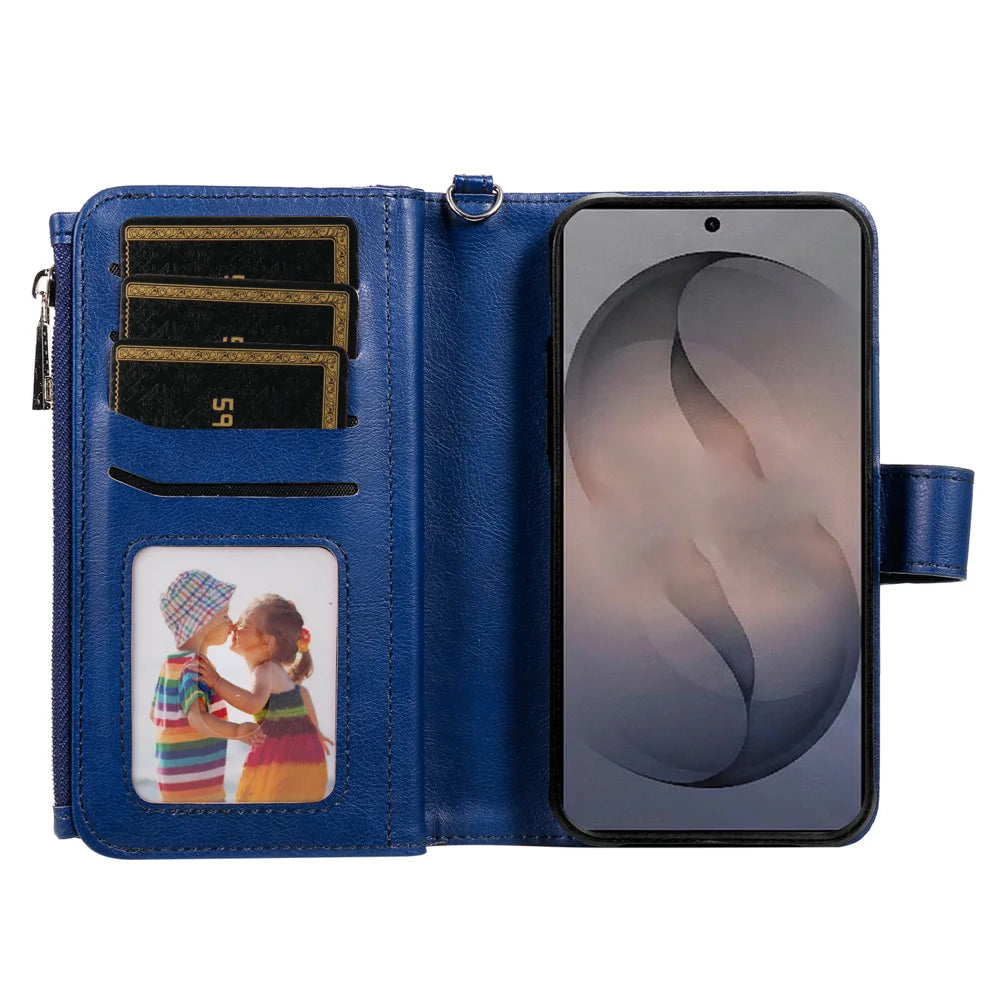 For Samsung Galaxy S26 Magnetic Leather Case Mobile Cover with Detachable Zipper Wallet Strap - Blue - 5