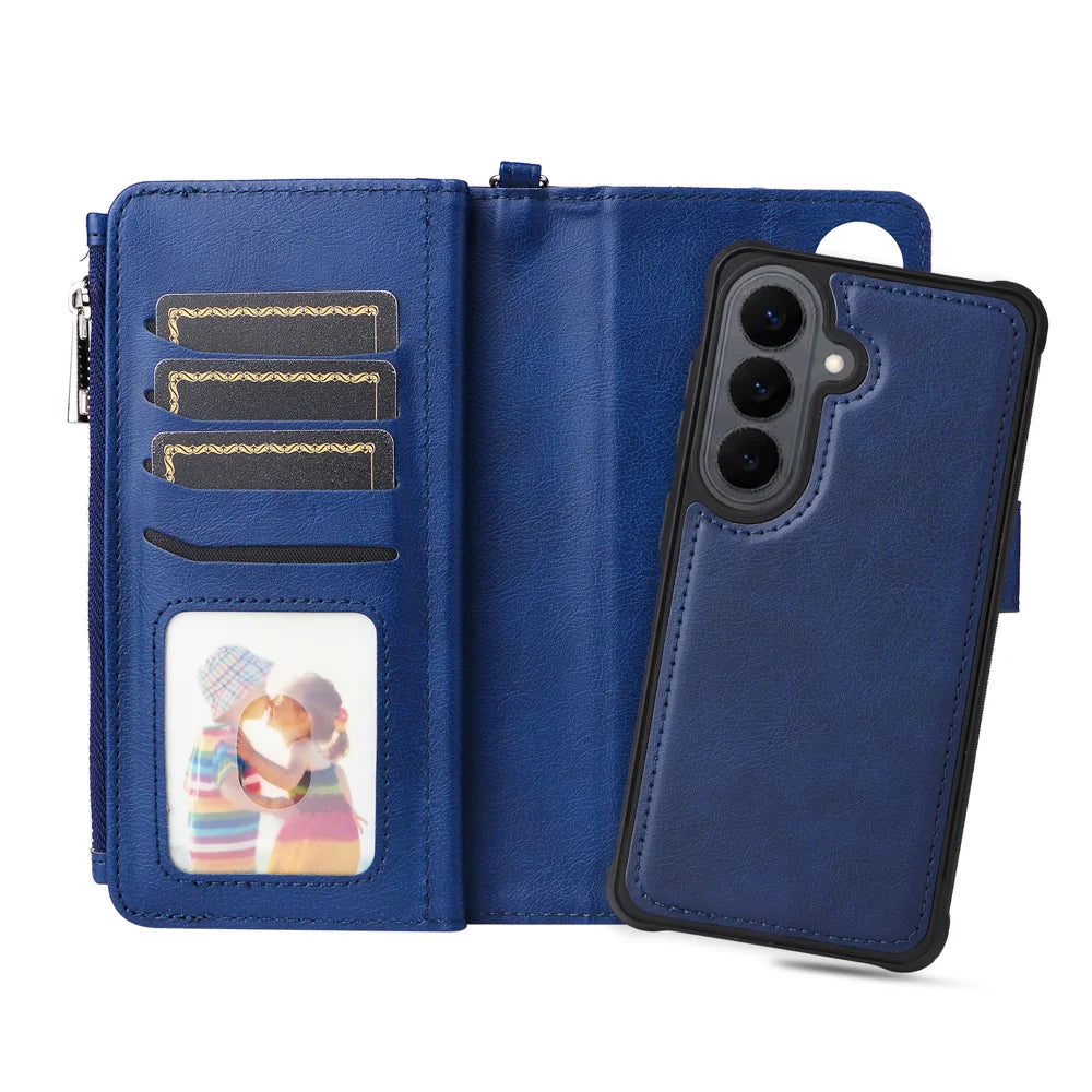 For Samsung Galaxy S26 Magnetic Leather Case Mobile Cover with Detachable Zipper Wallet Strap - Blue - 7
