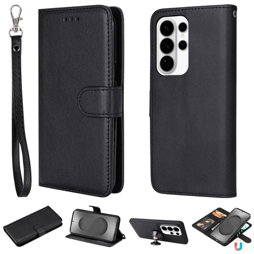 For Samsung Galaxy S26 Ultra Case 2 in 1 Detachable Magnetic Leather Wallet Mobile Cover with Strap - Black - 1