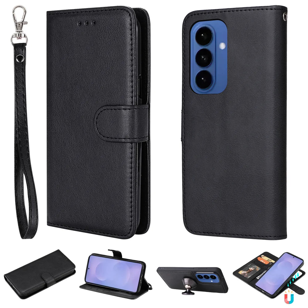 For Samsung Galaxy S26+ Case 2 in 1 Detachable Magnetic Leather Wallet Mobile Cover with Strap - Black - 1