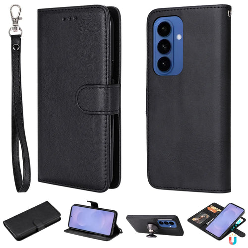 For Samsung Galaxy S26+ Case 2 in 1 Detachable Magnetic Leather Wallet Mobile Cover with Strap - Black - 1