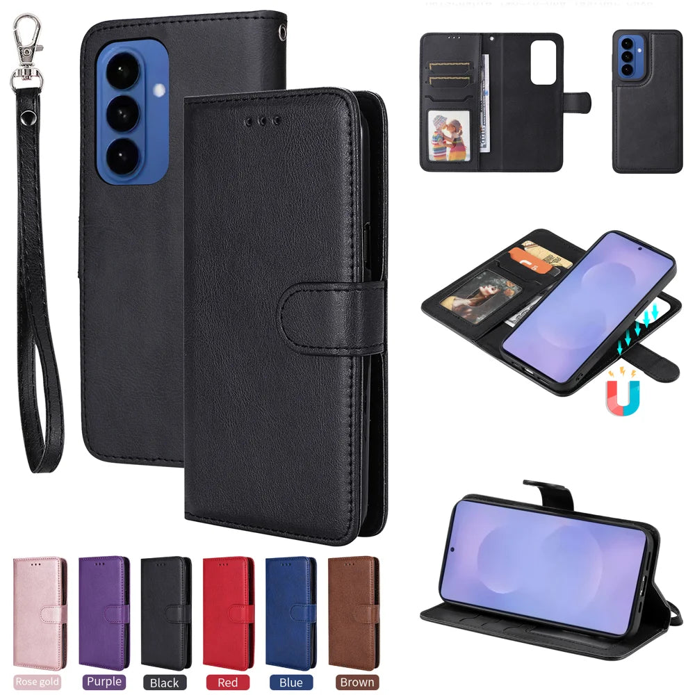 For Samsung Galaxy S26+ Case 2 in 1 Detachable Magnetic Leather Wallet Mobile Cover with Strap - Black - 4